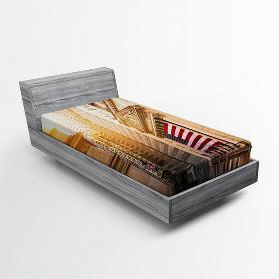 Ambesonne United States Fitted Sheet, Wall Street Flags, Twin Size, Sand Brown Navy Red