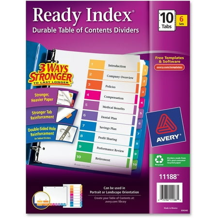Avery Ready Index Table of Contents Dividers, 10 Tab, Assorted Colors, 6 Count (11188)