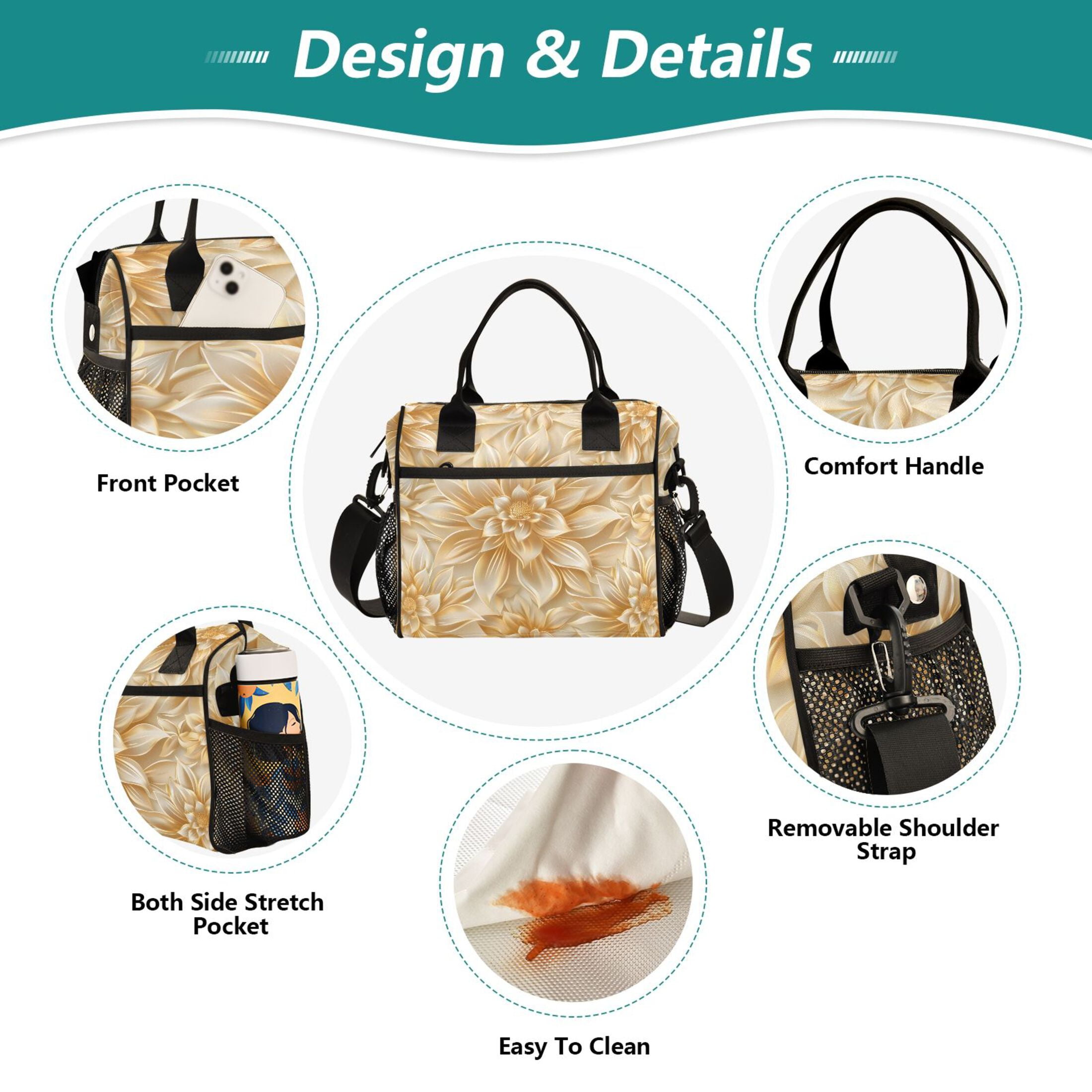 Luxury Dahlia Flower Lunch Bag Insulated Lunch Box Leakproof Reusable Cooler Tote Adjustable Shoulder Strap for Men Women 12L