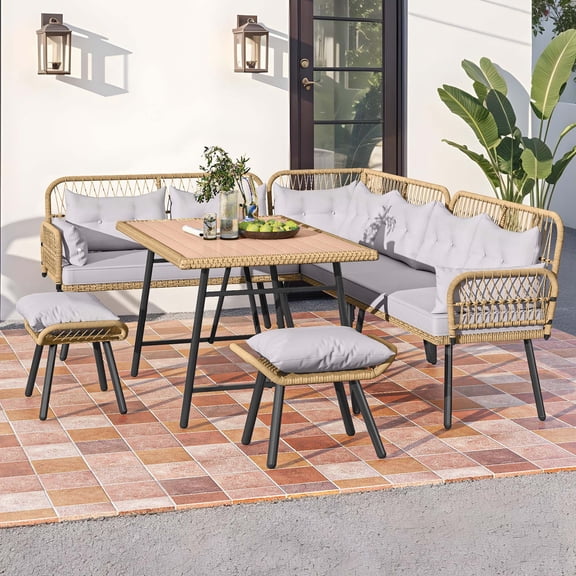 ModFusion Outdoor Sectional Sofa Set, Wicker L-Shaped Patio Conversation Set with Cushions & Table