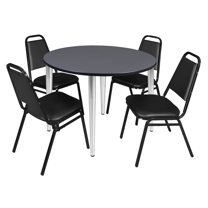 Regency Kahlo 48 in. Round Breakroom Table- Grey Top, Chrome Base & 4 Restaurant Stack Chairs- Black