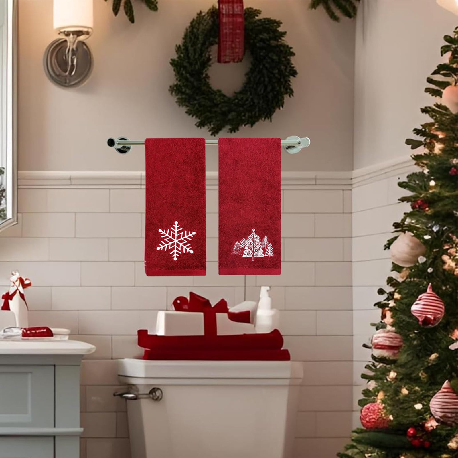Dmlowu 2pcs Christmas Towels - Extra Soft Cotton Bath Towels, Quicker Dry Christmas Decorations Towels for Bathroom Kitchen, 16x28" Red Christmas Bathroom Decor