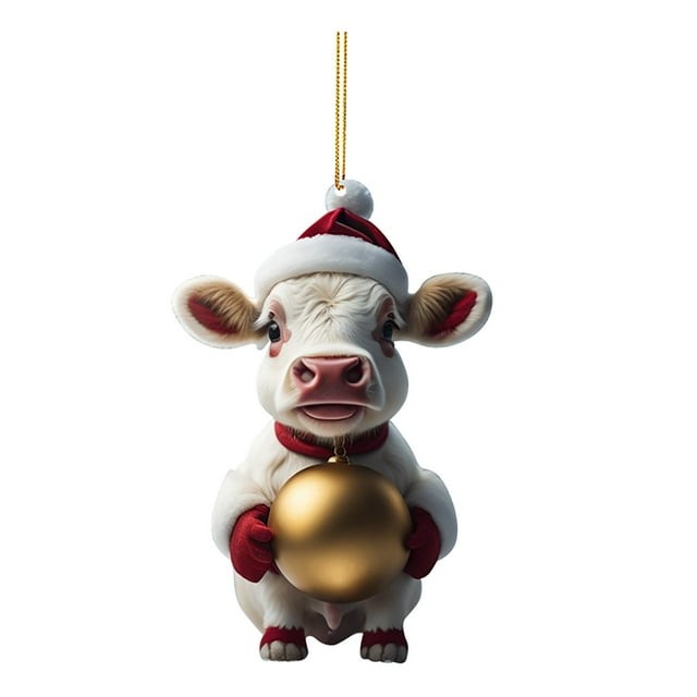 Huanglei 2D Acrylic Cartoon Fun Christmas Cow Christmas Tree Ornament Acrylic Christmas Cartoon Cute Cow Ornament Double Print White Elephant Gift Ornament
