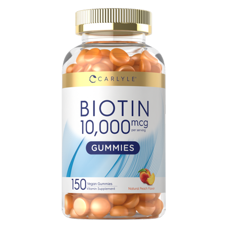 Biotin Gummies | 10000mcg | 150 Count | Peach Flavor Supplement | Vegan Formula | by Carlyle