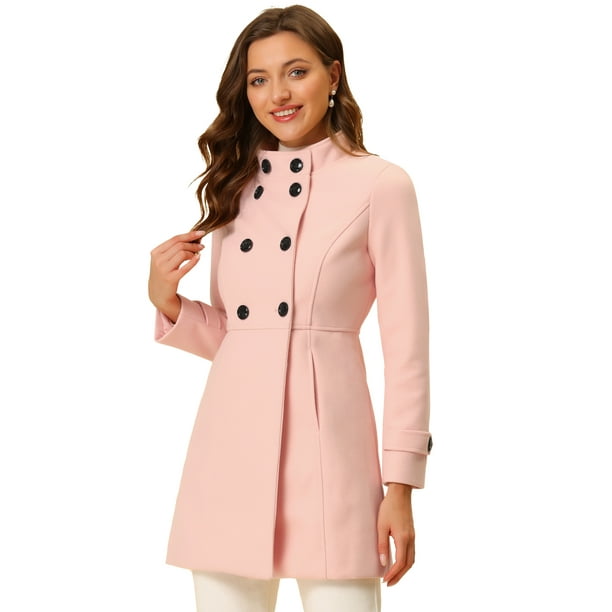 Abrigo de invierno Allegra K para mujer Rosa XL con bolsillos inclinados y doble botonadura