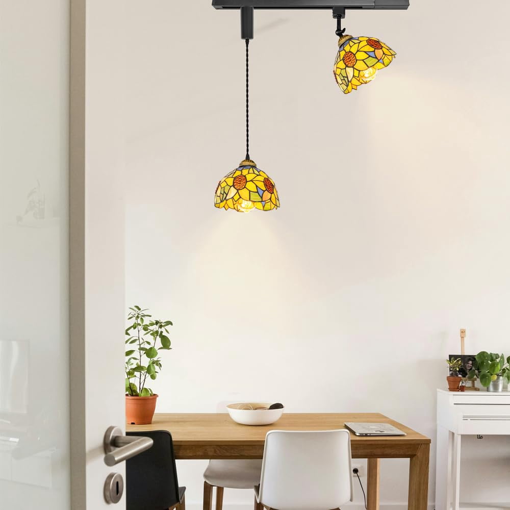 KAYYELAMP 1x Plug in Cable Track Rail, 1X Adjustable Cord, 1x Adjustable Angle Colorful Sunflowers Pattern Handmade Glass H-Type Tiffany Track Lighting Fixture for Kitchen Loft(No Bulb)