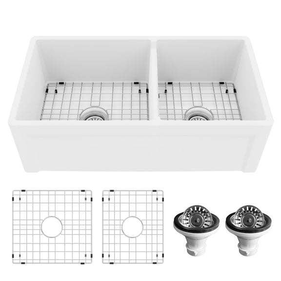 Karran Usa FCP33DBWH Karran FCP33DBWHwh 33" Double Bowl Panel Front Farmhouse Fireclay
