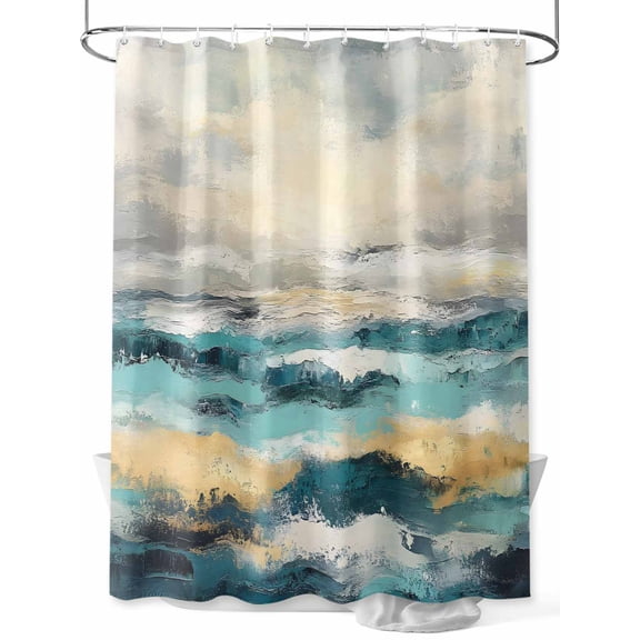 Fsddascl Teal Gold Coastal Wave Shower Curtain Set - Extra Long 72" x 96" Washable Bathtub Curtain with 12 Hooks, Abstract Oil Painting Ocean Waterproof Fabric Stall Shower Curtains for Bathroom