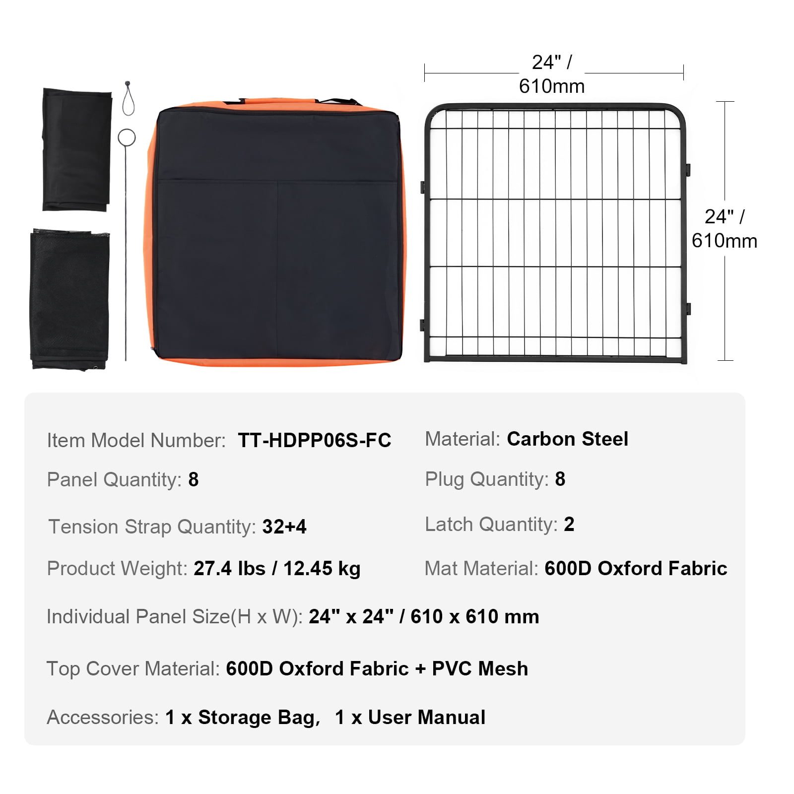 KFFKFF Canine Enclosure, 8 Segments of 24 x 24 in Collapsible Metallic Pet Activity Area, Indoor and Outdoor Canine Barrier with Entryway, Carry Sack, Overhead Shield and Base Cushion