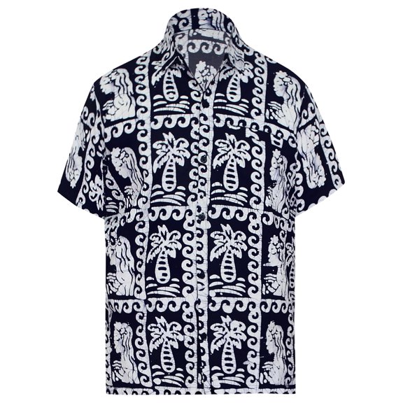 HAPPY BAY Men's Hawaiian Shirt Camp Beach Shirts Casual Short Sleeve Button Down Collar Shirts for Men L Boho Palm Lady, Blue
