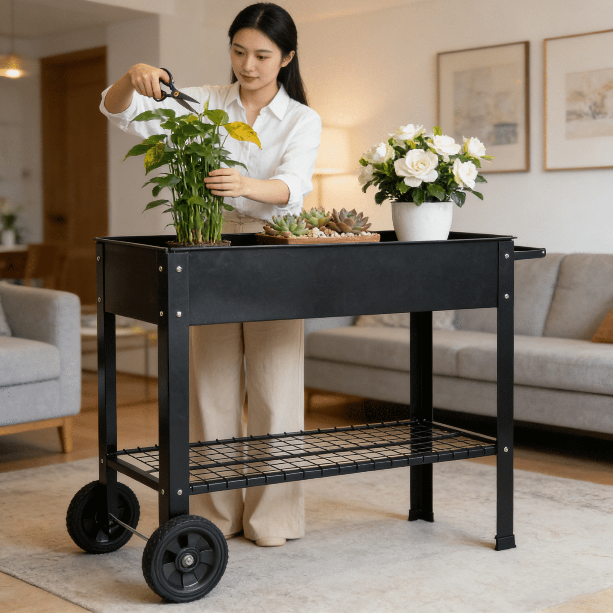 Metal Raised Garden Bed with Legs & Wheels, Elevated Planter Box with Drainage, 200LB Capacity Herb Vegetable Planter for Indoor Outdoor Patio Backyard