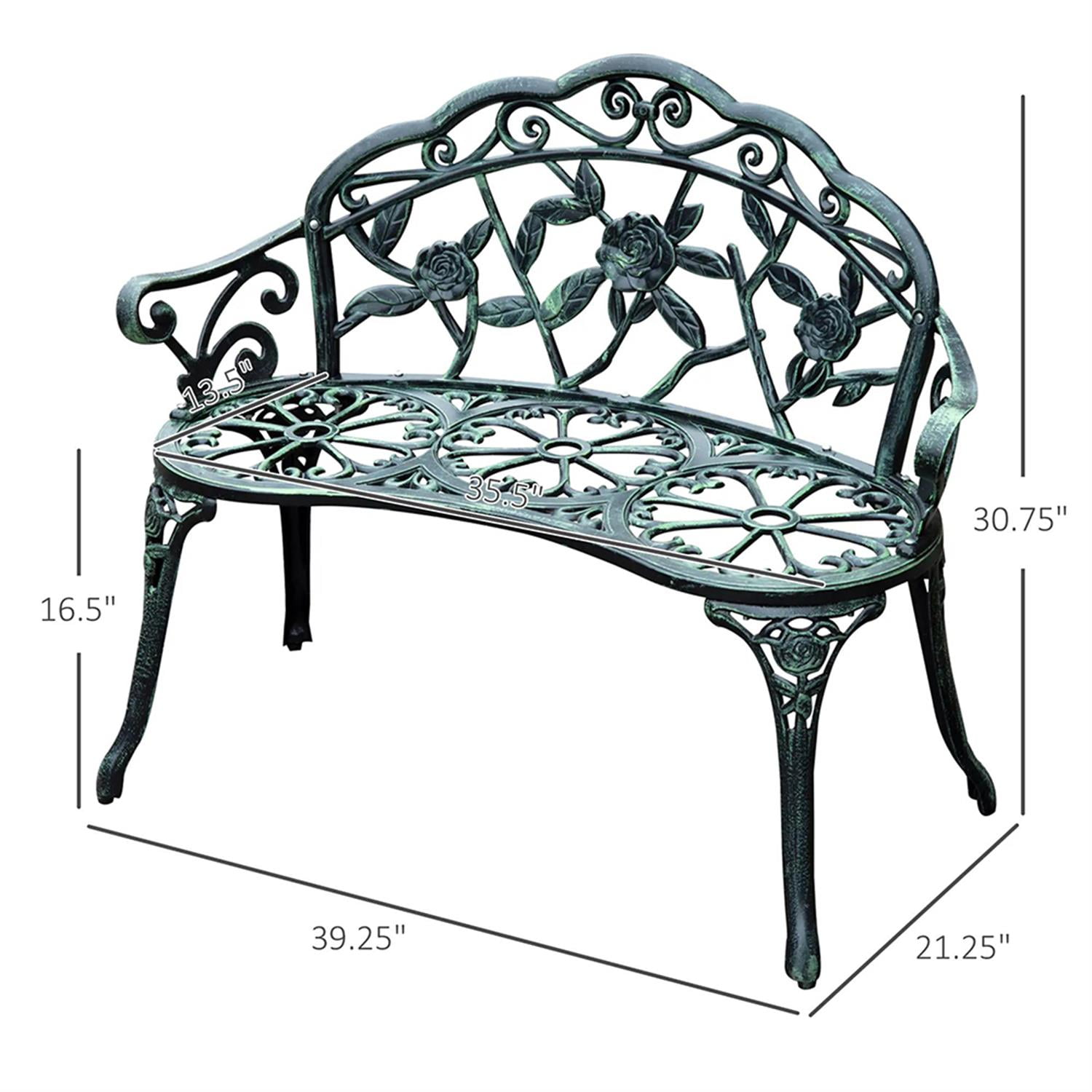 Demi Bonn Patio Garden Bench Metal Park Bench Cast Aluminum Outdoor Benches Furniture with Floral Rose & Antique Finish for Patio, Park, Lawn, Yard, Green