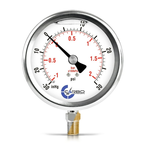 CARBO Instruments 4" Pressure Gauge, Stainless Steel Case, Chrome Plated Brass Connection, Liquid Filled, Compound Vacuum -30 Hg - 0 - 30 psi Lower Mount 1/4" NPT