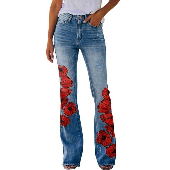 TSADFHJI Knit Skirts for Women Set Womens Casual Printed Pattern Loose Flared Hem Jeans Stretch Flared Bottoms Pants S Red