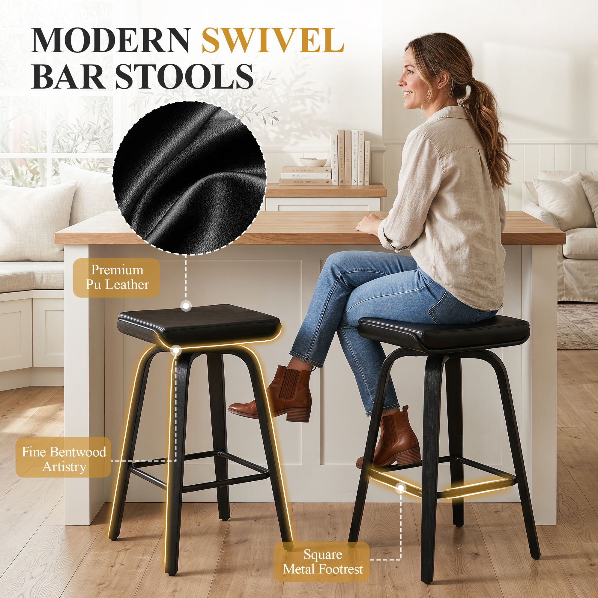 Guyou 26” Swivel Counter Height Bar Stools Without backrest, Upholstered Farmhouse Bar Stools with Footrest for Kitchen Island, Black-PU Leather(Set of 4)