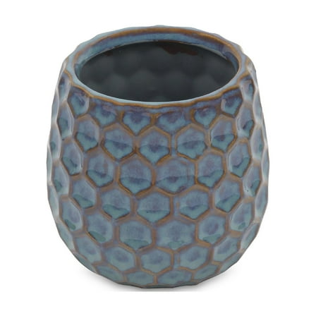 Contemporary Home Living 4.5" Blue Rimmed Round Hexagonal Glazed Planter Pot