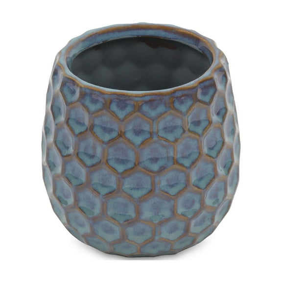 Contemporary Home Living 4.5" Blue Rimmed Round Hexagonal Glazed Planter Pot