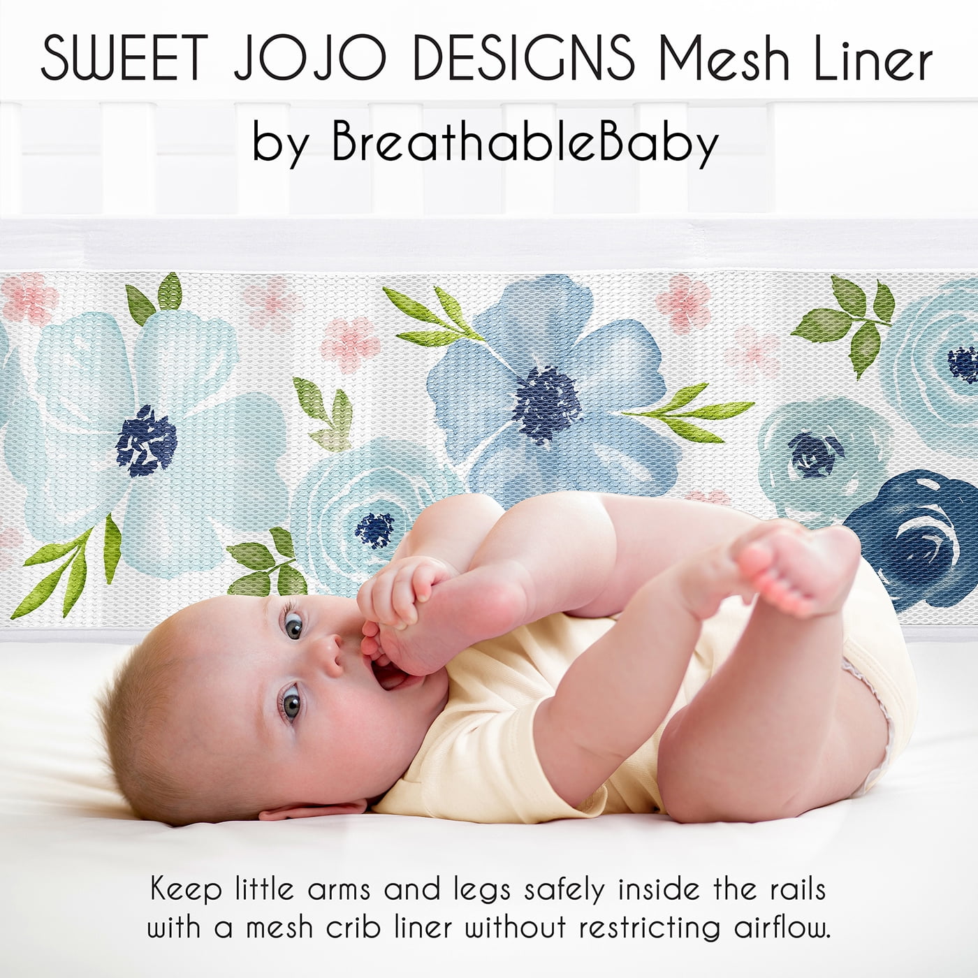 Sweet Jojo Designs + BreathableBaby Watercolor Floral Blue Pink White Breathable Mesh Crib Liner Pad