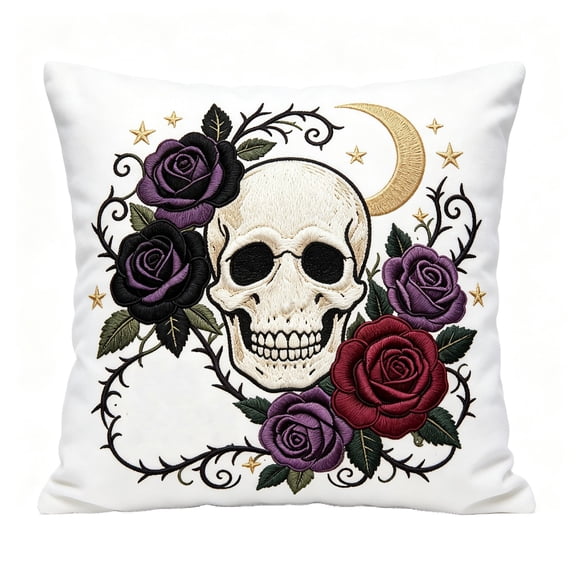 Gothic Skull Rose Pillow Cover, Decorative Throw Pillow Case, Soft Short Plush Embroidered Cushion Cover for Sofa Bed Living Room Home Decor, 18x18 Inches