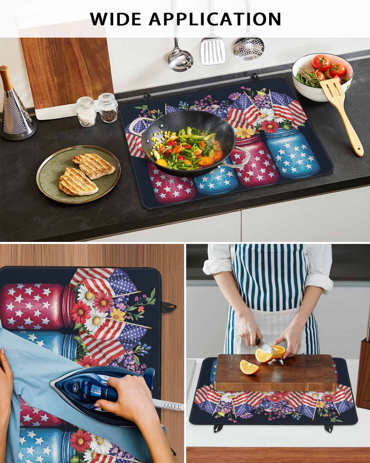 nqOlkjepod Large Induction Cooktop Protector Mat 36"x21", 4th of July Stove Top Covers for Electric Stove, American Flag Independence Day Floral Black Stove Burner Cover Mats, Glass Top Stove Cover