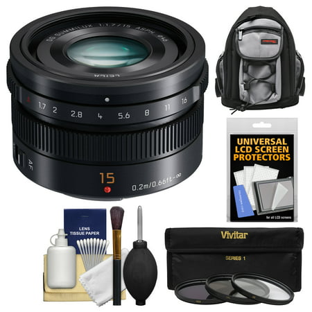 Panasonic Lumix G 15mm f/1.7 Leica DG Summilux Lens with 3 UV/CPL/ND8 Filters + Backpack + Kit for G5, G6, GF5, GF6, GH3, GH4, GM1, GX7