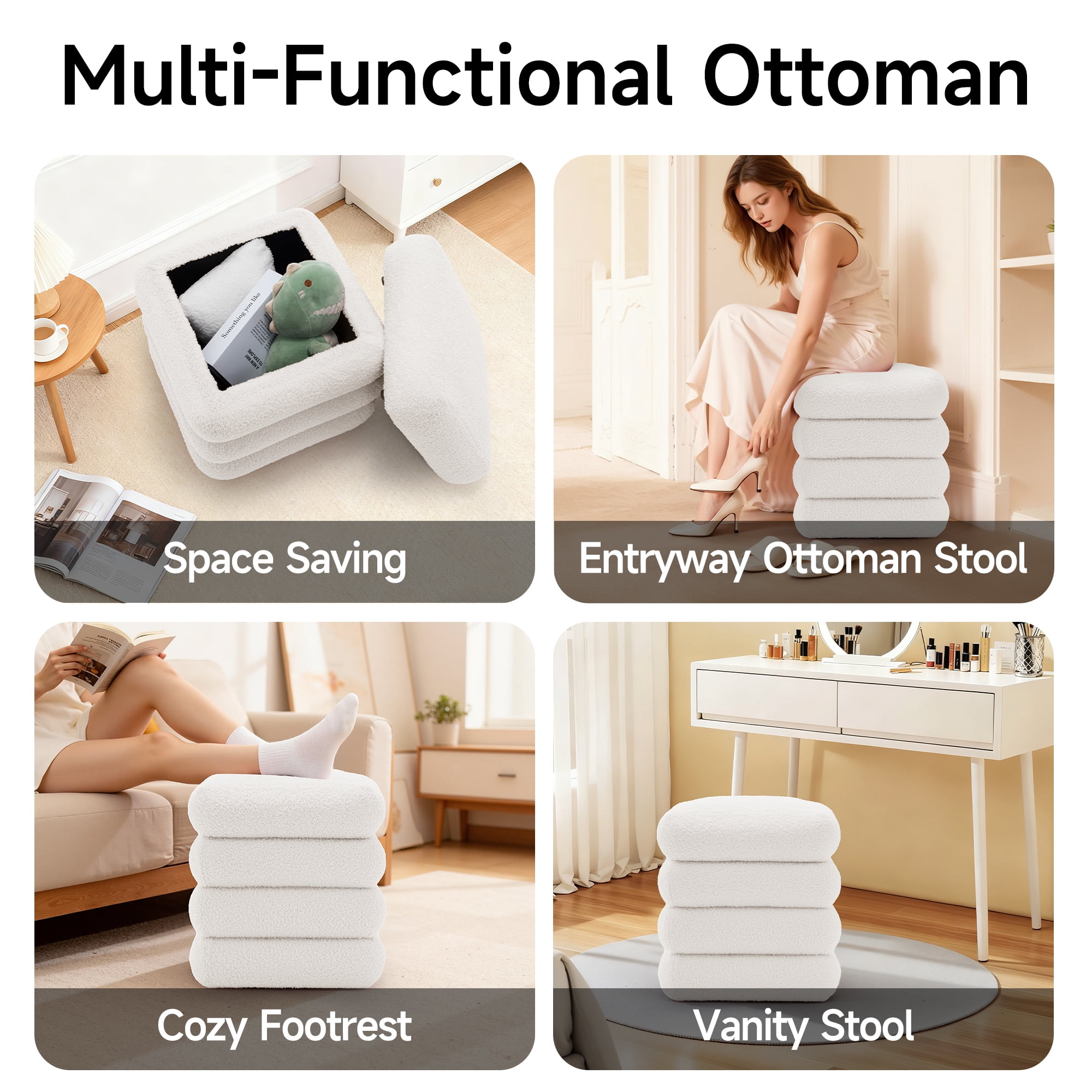 Korser Square Ottoman with Storage Set of 2,Upholstered Teddy Vanity Stool for Living Room,Bedroom,Beige