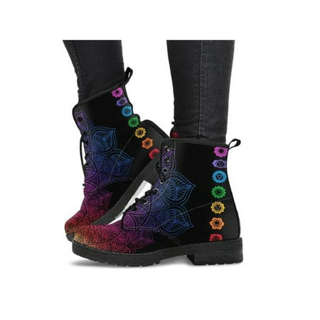

Ferndule Womens Short Bootie Floral Ankle Boots Lace Up Leather Boot Non Slip Vintage Booties Outdoor Punk Fashion Sunflower 6.5