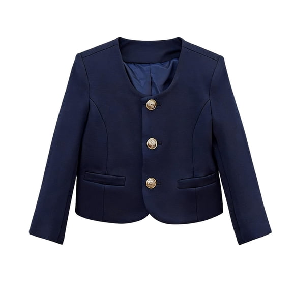 Girls Navy Blazer Jacket, Collarless with Gold Buttons, Cotton School Uniform & Dressy Cropped Blazer for Kids to Big Kids (2-12 Years),Size 11-12 T