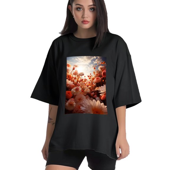 Plus Size Shirt for Women Black Tops for Women Short Sleeves Shirt for Women Flowers T Shirt Crewneck Shirt for Women XS