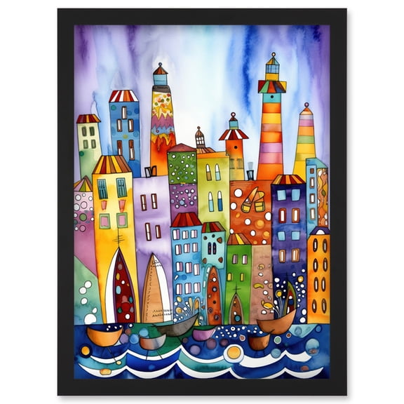 Canal Area Folk Art Watercolour Painting Artwork Framed Wall Art Print A4