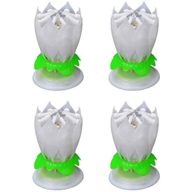 LAICAIW 4PCS Set Music Birthday Candle Two Layers with 14 Small Candles Musical Lotus Rotating Happy Birthday Flower Candle (White)