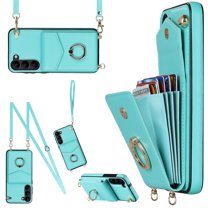 for Samsung Galaxy S23 Wallet Case with Magnetic RFID Blocking Rotated Ring Holder Kickstand Cover, PU Leather Crossbody Shoulder Strap Lanyard Case with Card Slot Bag Kickstand Case,Mint