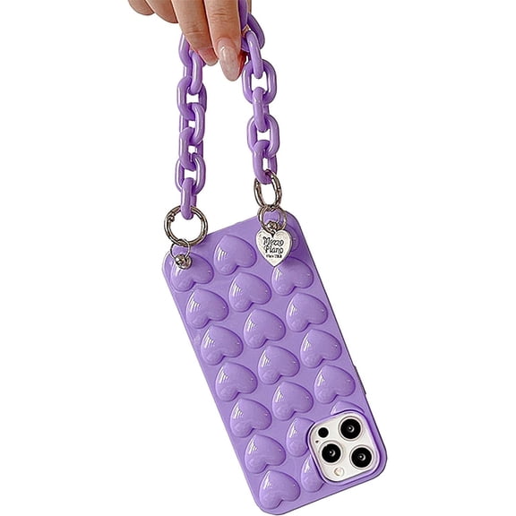 3D Hearts Case Compatible with iPhone 11, Cute Design Soft Protective Case Protective Cover for Girls Women (Purple with Straps, iPhone 11)