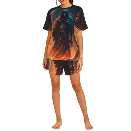 Women s Short Sleeve Pajama Set 2-Piece Loungewear Sleepwear Top and Shorts Grim Reaper On Fire Cool Art