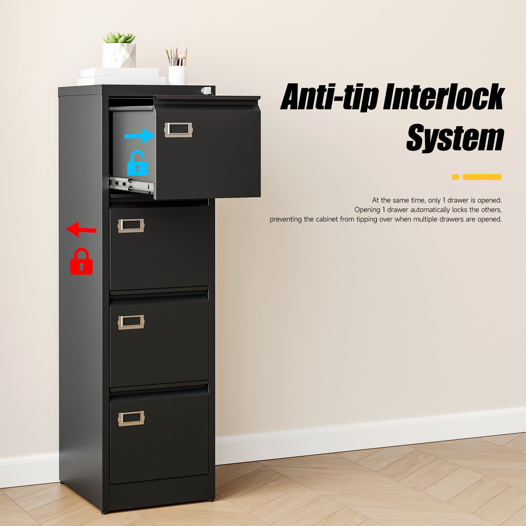 AUHUP 4 Drawer Metal File Cabinet with Lock, Black Vertical Filing Storage Cabinet for Home Office