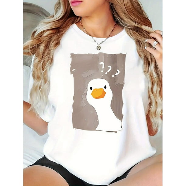Camiseta de verano para mujer Manga Corta Chic Goose Print Women's T-Shirt - Casual Crew Neck, Short Sleeve, Stretchy Polyester Blend, Machine Washable - Perfect for Summer & Casual AttireFather's D