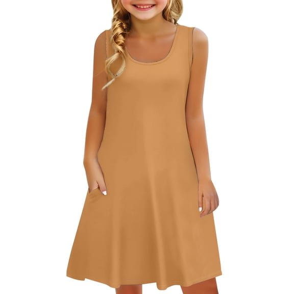EnJoCho Girls Loose Fit A-Line Sundres𝗌 Sleeveless U-Neck Beach Dress with Pockets 𝖥lowy Midi Dress for Summer Casual