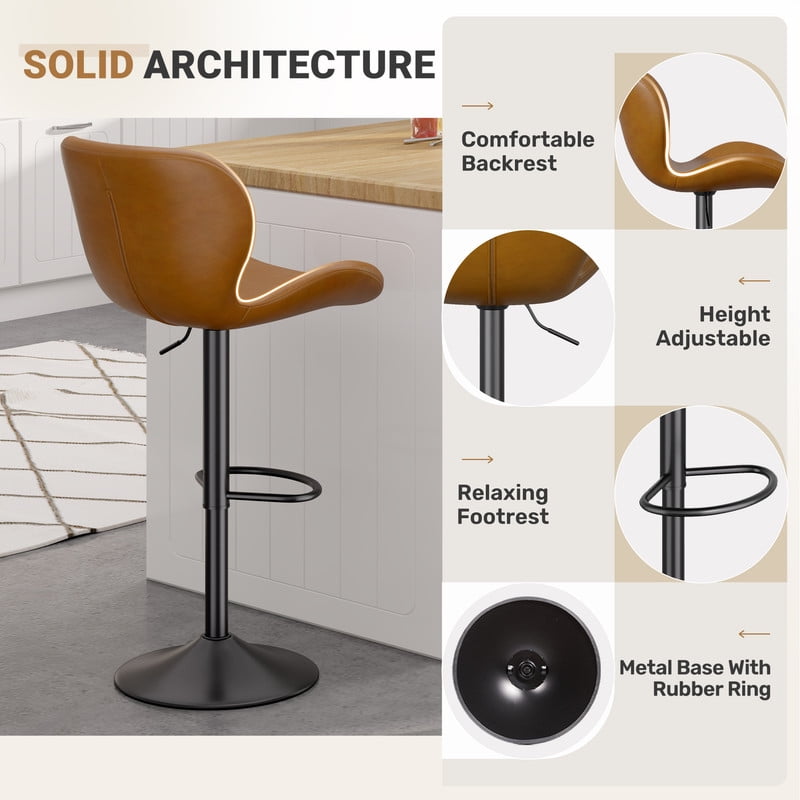 Hawsaiy Modern Swivel Bar Stools Set of 4, PU Leather Bar Chairs with Back & Footrest, Adjustable Height 22.2"-31" for Kitchen Island,Dark Gray