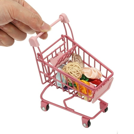 Mini Shopping Cart, Tiny Shopping Cart Trolley Miniature Grocery Supermarket Handcart Small Basket with Wheels for Pretend Play Dolls Storage Store Toy Dollhouse Gift, Rose Red