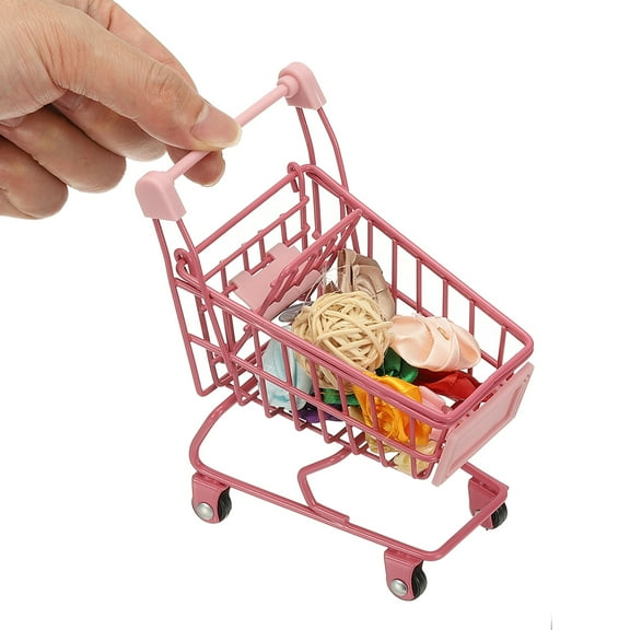 Mini Shopping Cart, Tiny Shopping Cart Trolley Miniature Grocery Supermarket Handcart Small Basket with Wheels for Pretend Play Dolls Storage Store Toy Dollhouse Gift, Rose Red