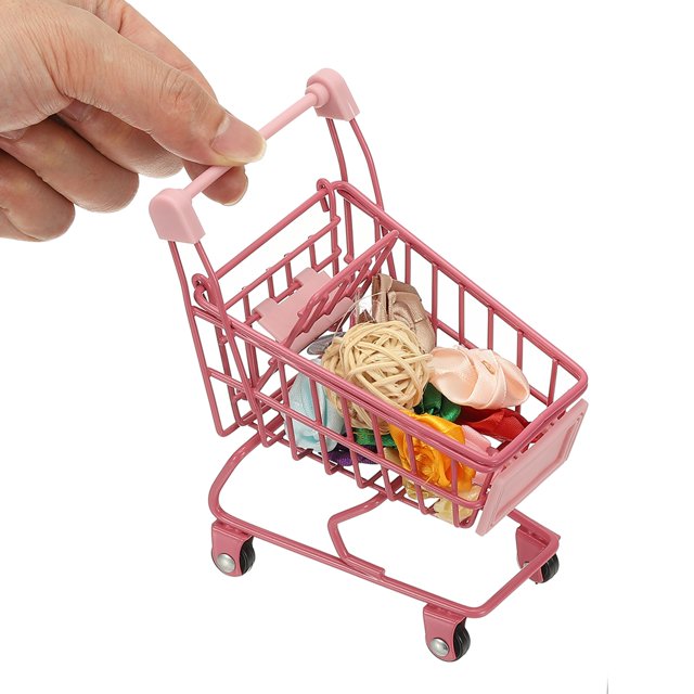 Carrito de compras mini, carrito de supermercado en miniatura, carrito de mano pequeño con ruedas para juegos de simulación, almacenamiento de muñecas, juguete para casa de muñecas, regalo, rojo rosa