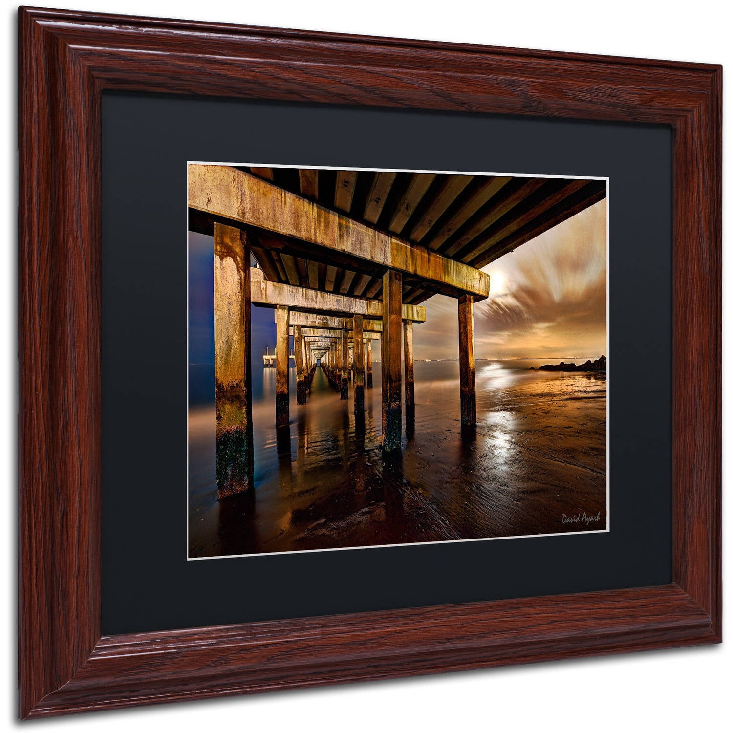 Trademark Fine Art "Coney Island Pier by Moonlight" Canvas Art by David Ayash Black Matte, Wood Frame