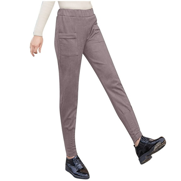 hotojiny Women's Fleece Pants Winter Thermal Elastic Waist Casual Pants Warm Tapered Business Work Trousers with Pockets