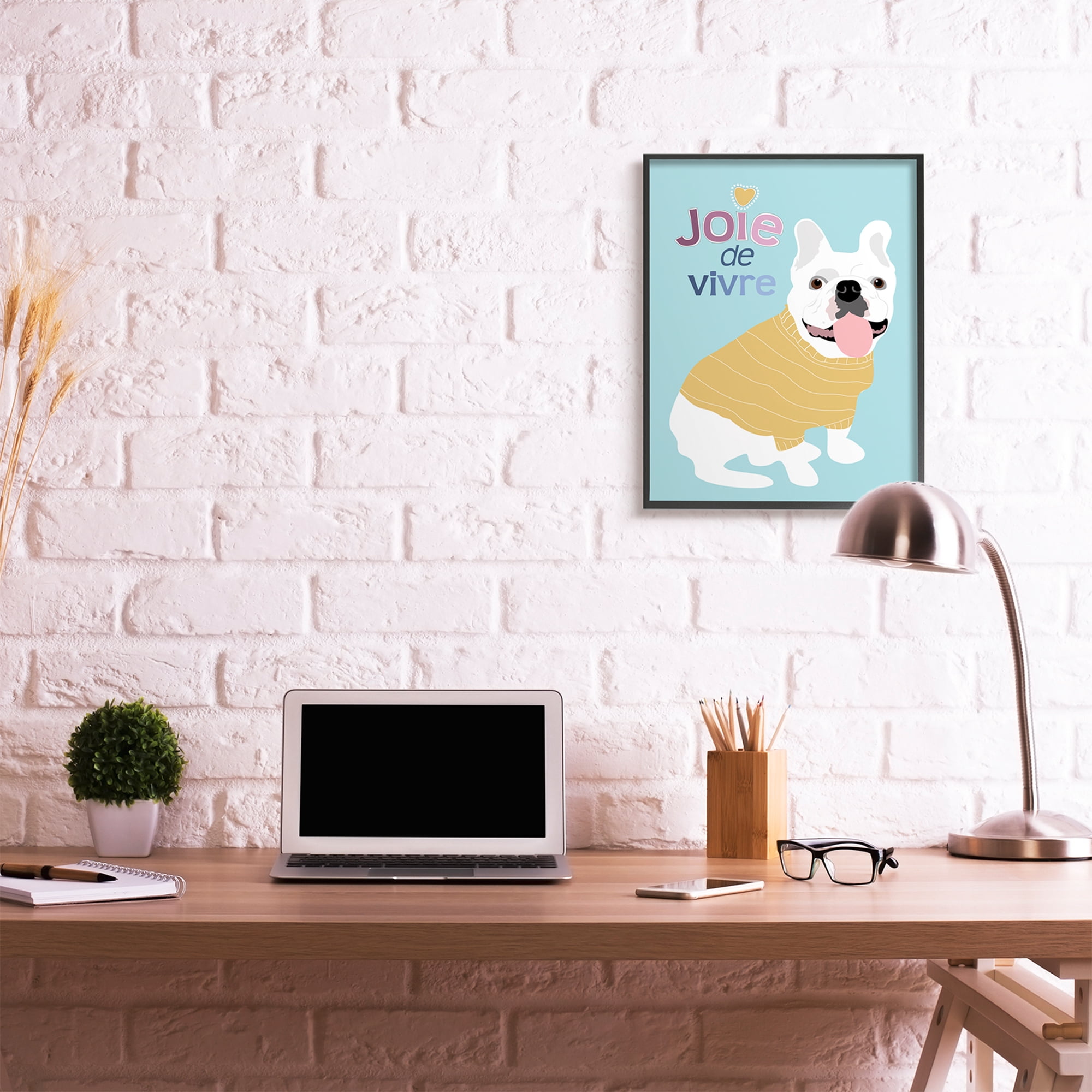 Stupell Industries Joie de Vivre French Phrase White Bulldog Pet Black Framed, 24 x 30, Design by Ginger Oliphant