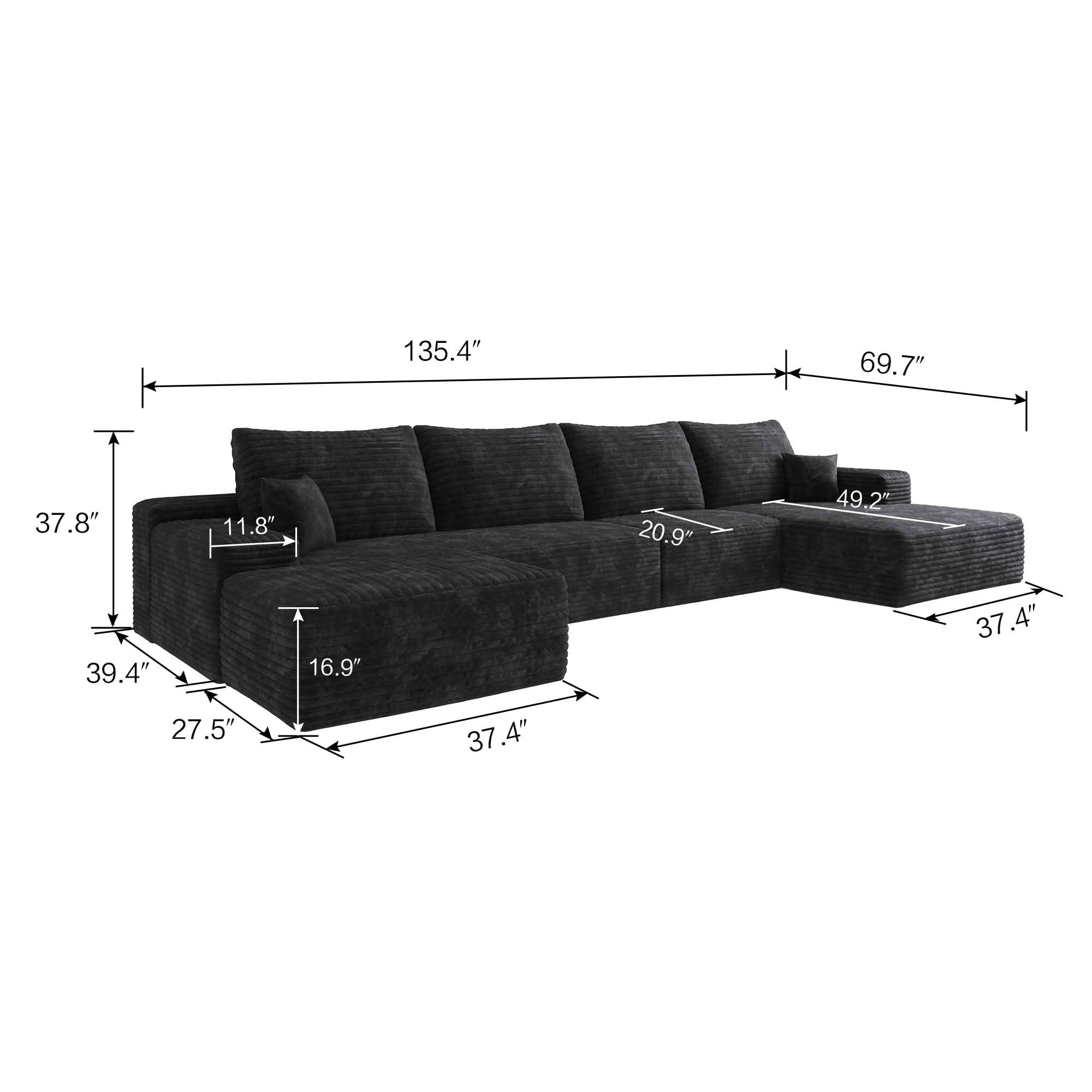 MAYEERTY 135" Cloud Sectional Sofa with Ottoman, U Shaped Deep Seat Couch, Plush Corduroy Fabric, No Assembly Required, Black