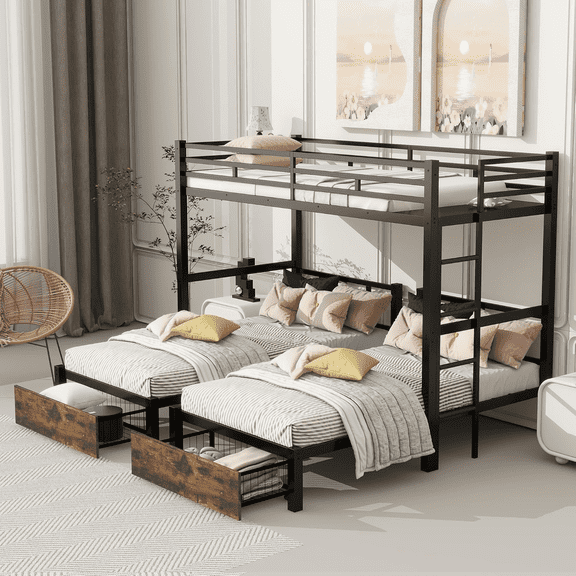 Metal Triple Bunk Bed for Kids, Detachable Twin XL Over Twin Over Twin Triple Bunk Bed with Guardrails, Ladder & Storage Drawer, Converts to 3 Separate Beds (3 Bunk Beds for Kids)