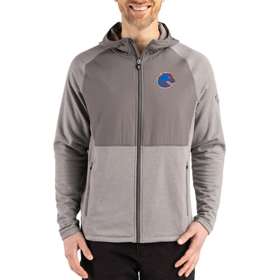 Men's Cutter & Buck Heather Gray Boise State Broncos Peshastin Eco Fleece Recycled Raglan Full-Zip Tri-Blend Hybrid