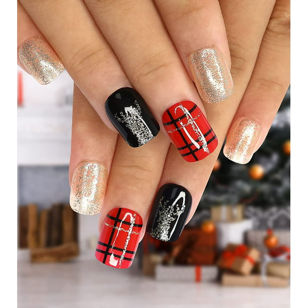 24Pcs Red Black Christmas Press on Nails Short Square Shape Fake Nails with  Lattice Design Gold Glitter Acrylic False Nail Tips Artificial Stick on  Nails Finger Nail for Women (Red Black Short) -