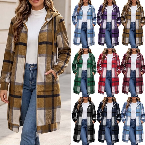 Women's Wool Blend Plaid Hooded Jacket Zip Up Long Sleeve Mid Length Outer Coat with Pocket Casual Loose Fall Winter Street Outerwear Wine