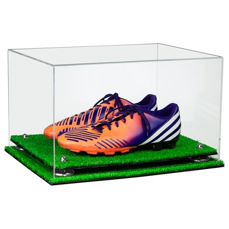 Deluxe Clear Acrylic Large Shoe Pair Display Case for Basketball Shoes Soccer Cleats Football Cleats with Silver Risers and Turf Base